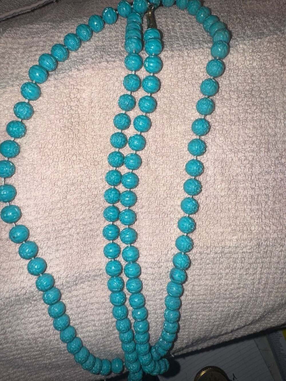 Vintage Carved Faux Turquoise Bead Necklace Blue Plastic